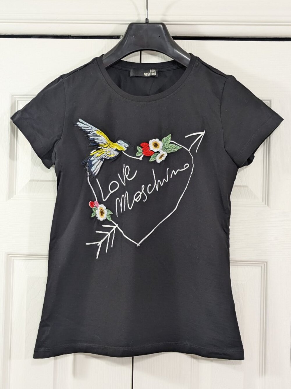 Love Moschino Black Graphic T-shirt Hummingbird and Flowers